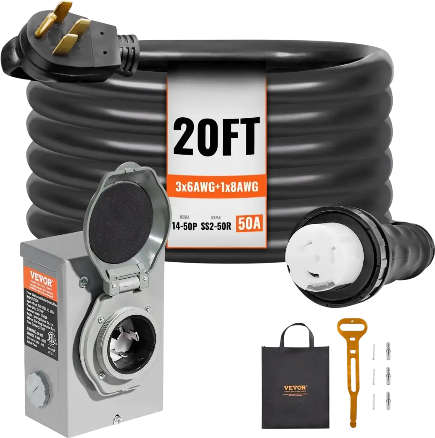 Vevor Generator Cord and Power Inlet Box Kit 50 Amp 20' NEMA 14-50P/SS2-50R New