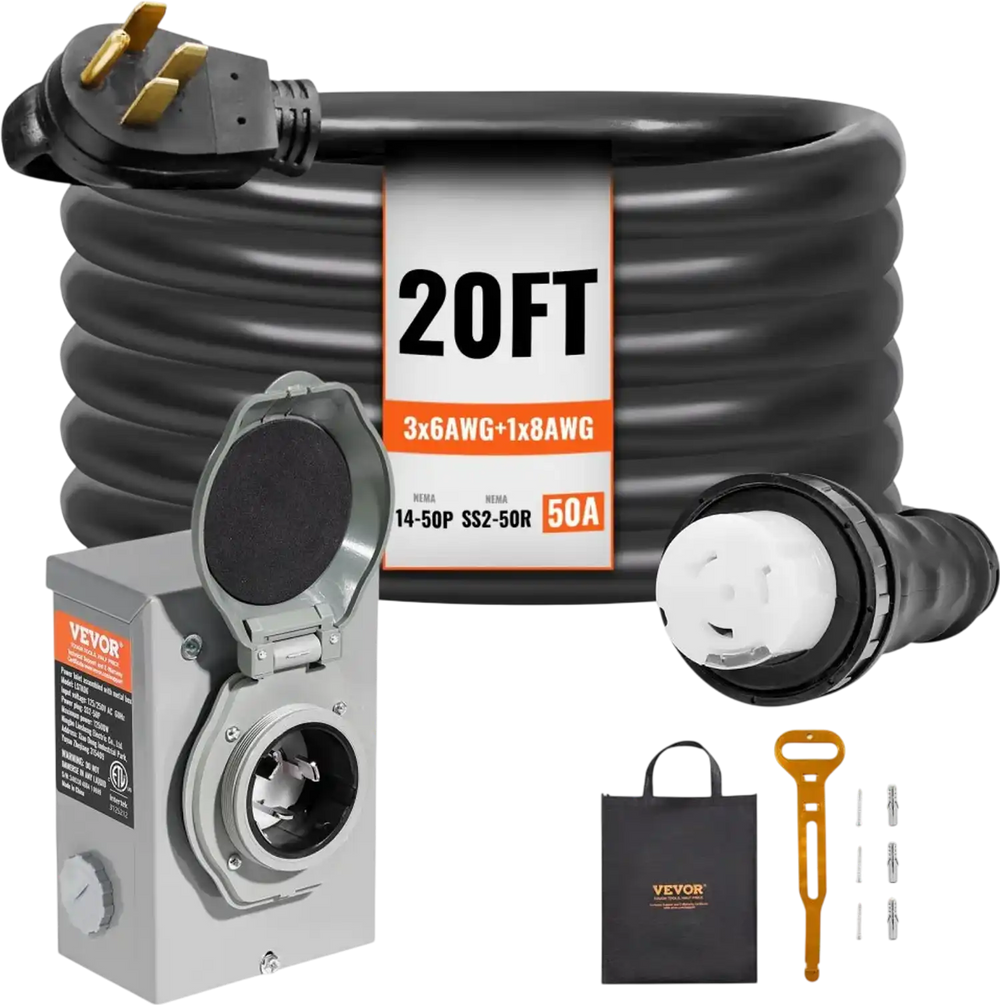 VEVOR 50 Amp Generator Cord and Power Inlet Box Kit, 20FT, NEMA 14-50P/SS2-50R STW 6/3+8/1 AWG Generator Power Cord with Twist Lock Connector, Pre-Drilled Inlet Box for Generator to House, ETL Listed