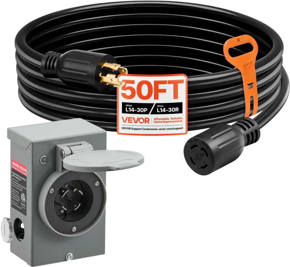 VEVOR 30 Amp Generator Cord and Power Inlet Box, 50 FT, 125/250V NEMA L14-30P to L14-30R Heavy Duty Extension Power Cord, SJTW 10 Gauge 7500W, Pre-Drilled Inlet Box, for Generator to House, ETL Listed