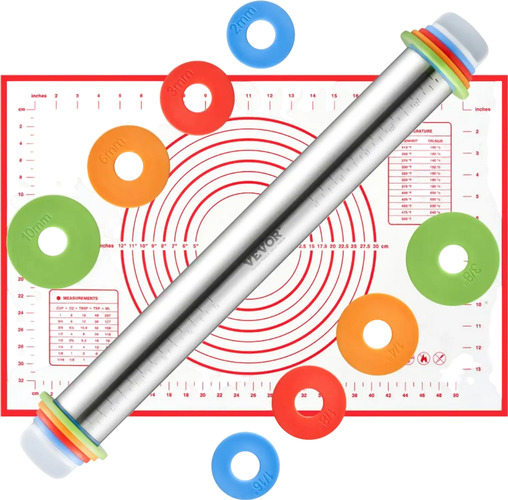 VEVOR Adjustable Rolling Pin, Stainless Steel Dough Roller Designs, Rolling Pin with Thickness Rings and Pastry Baking Nonstick Mat Set, for Baking Fondant, Pizza, Pie, Pastry, Pasta, Dough, Cookies