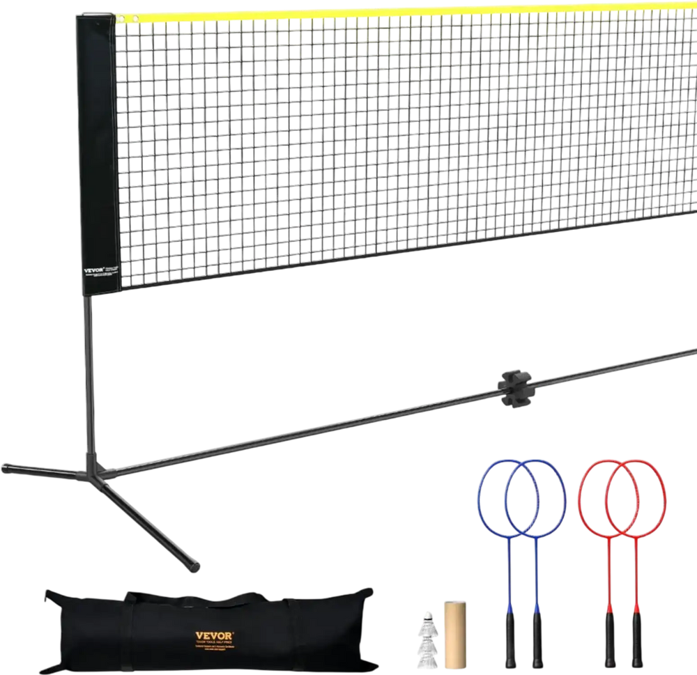 VEVOR Badminton Net, Height Adjustable Volleyball Net, 20ft Wide Foldable Pickleball Net, Portable Tennis Net Set with Poles, Stand, Bag, Rackets, Nylon Shuttlecocks, Kid Backyard Indoor Outdoor Use