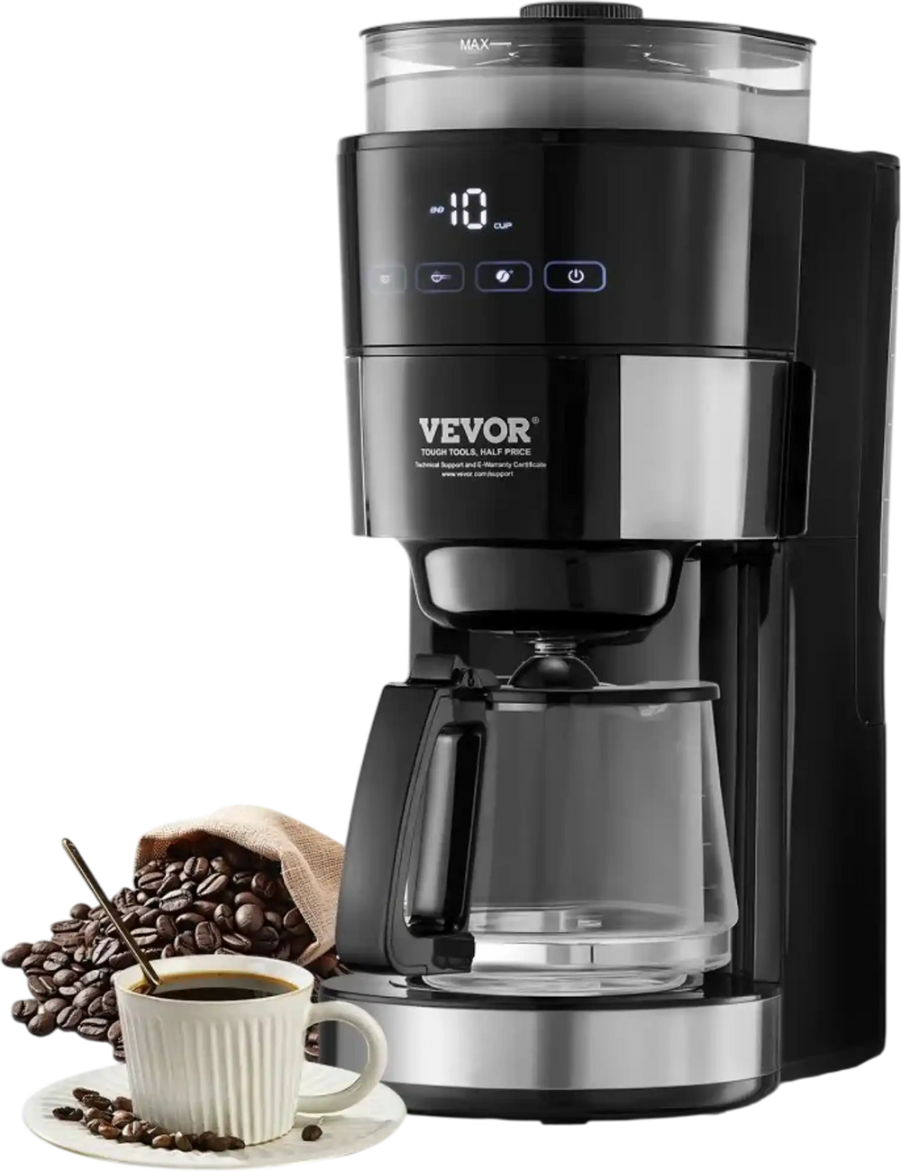 VEVOR Coffee Maker with Grinder, 10 Cup Coffee Machine, Grind and Brew Coffee Maker with 3 Brew Strength Control, Drip Coffee Maker with Adjustable Grinding Coarseness, for Home Office Restaurant