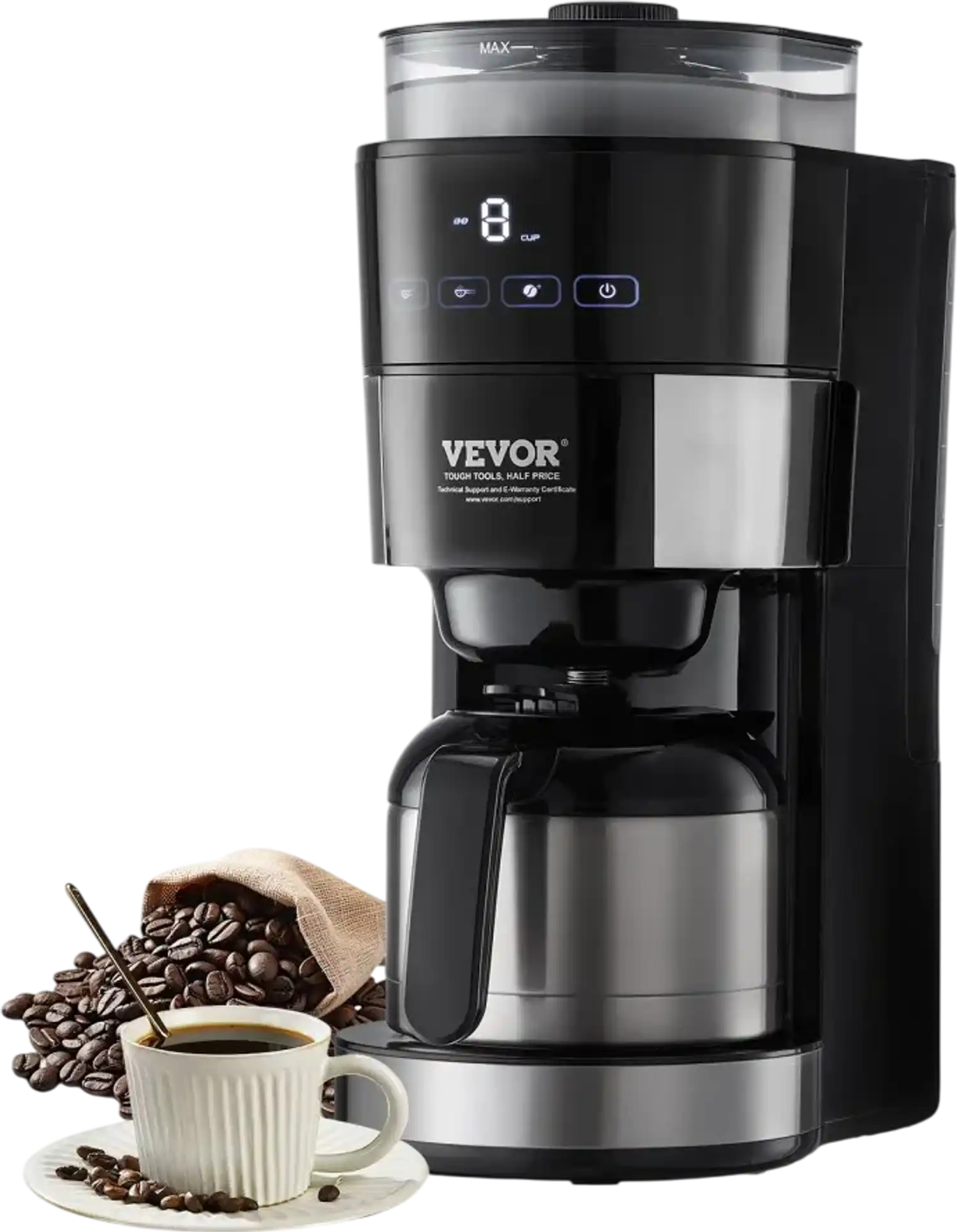 Vevor Coffee Maker 8-Cup Programmable Grind and Brew with Built-In Grinder New
