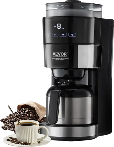 VEVOR Coffee Maker with Grinder, 8 Cup Programmable Coffee Machine, Grind and Brew Coffee Maker with 24-Hour Timer for Auto Brew, Reusable Filter, for Home Office Restaurant