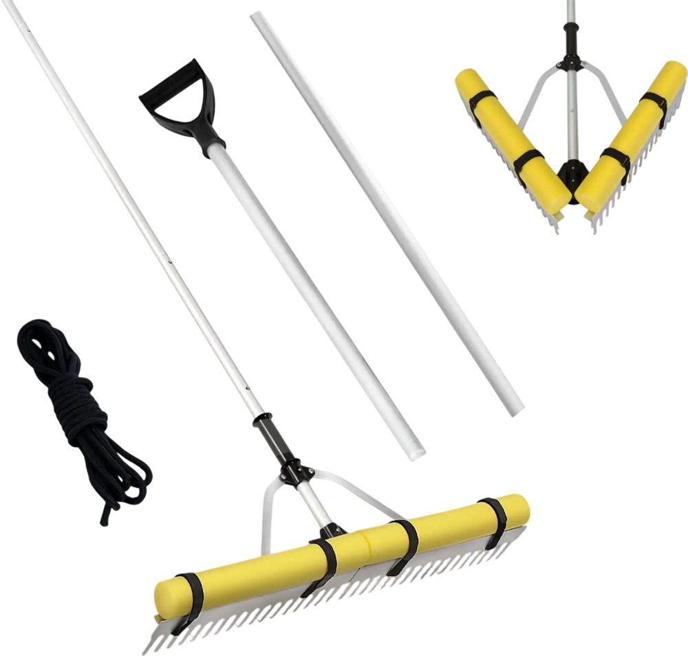 VEVOR Landscape Rake, 36" Head Aluminum Landscape Rake, Lake Weed Rake with 102.36" Adjustable Extension Handle, Rope and Float, for Loosening Soil, Lawn Care, Weeding Lake, Garden, Pond