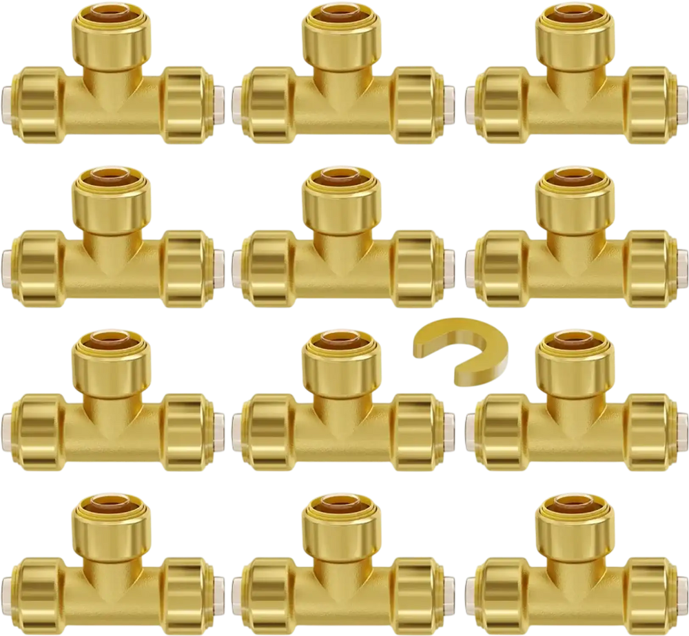 VEVOR Pipe Fittings, 1/2" 12PCS Tee Brass Pipe Fittings, Push-Fit Pipe Connector Brass Air Fittings, Heavy Duty Plumbing Fittings Adapter for Heating/Shower Systems, Water Pipes