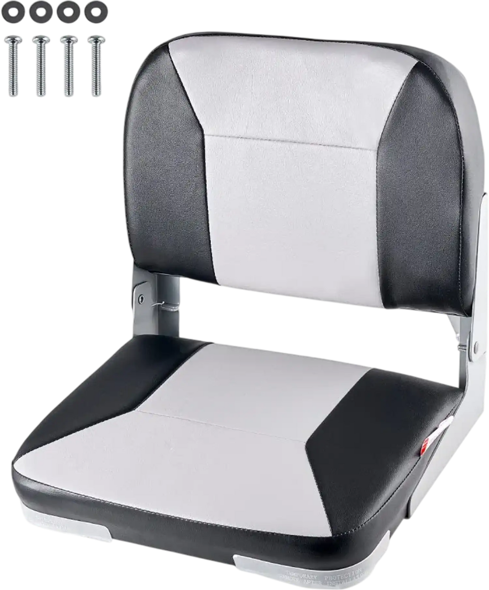 VEVOR Boat Seat, Low Backrest, Folding Fishing Boat Seat with Thickened Sponge Cushion & Waterproof PVC Leather, Aluminum Alloy Hinges, Flip Up Boat Seat for Fishing Boats, Yachts, Ships, Black & Grey