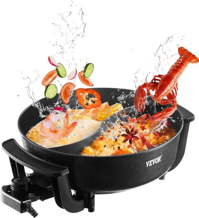 VEVOR Electric Hot Pot, 1360W 5 L Double-flavor Shabu Shabu Pot, Non-Stick Electric Cooker with Divider, Clear Glass Lid, Temperature control, Chinese Hotpot for 6-10 People Family Dinning & Party