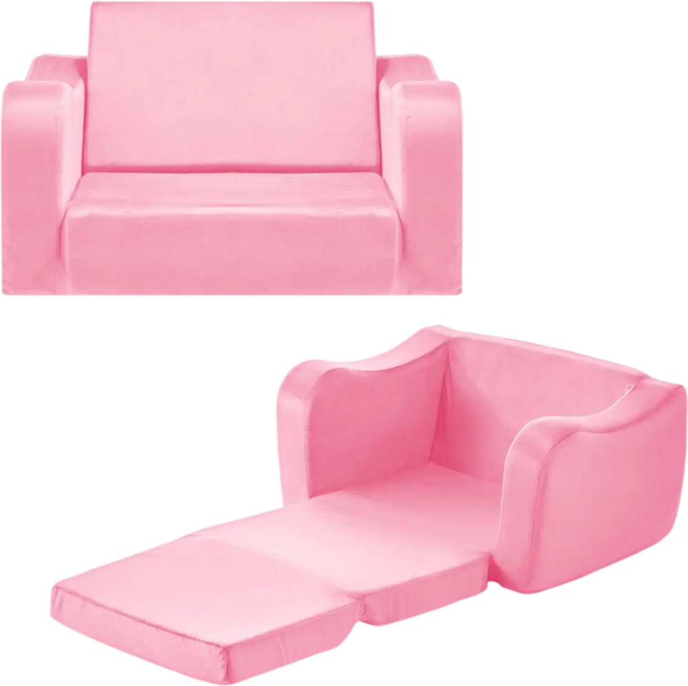 VEVOR 2-in-1 Kids Sofa, Foldable Toddler Soft Couch with Armrests, Made of 28D Sponge & Short Pile, Convertible Toddler Chair to Lounger, Kid Couch Fold Out for Fun Playtime or Comfy Lounging, M, Pink