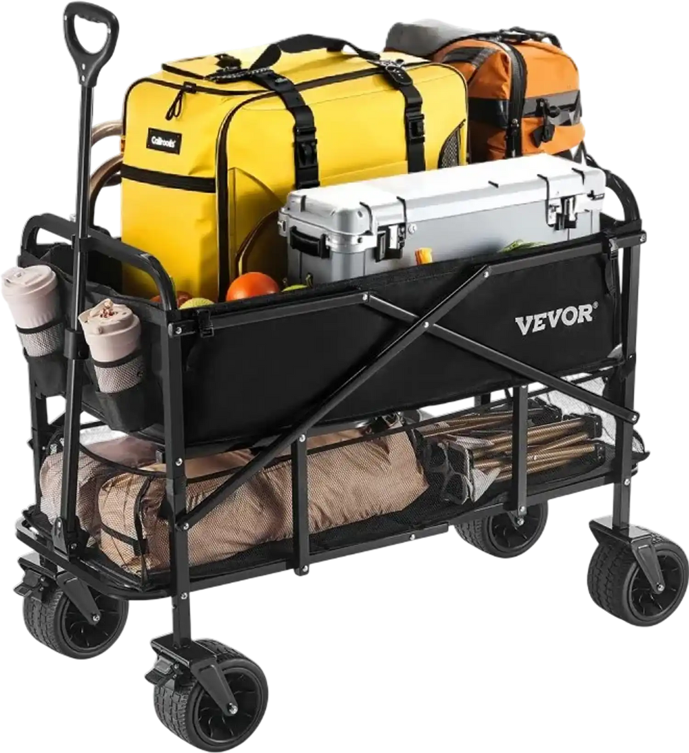 VEVOR Double Decker Wagon Collapsible, 400L Heavy Duty Folding Wagon Cart, Extended Long Garden Cart with All-Terrain Wheels, Support Up to 450lbs, Outdoor Utility Wagon for Camping, Sports, Shopping