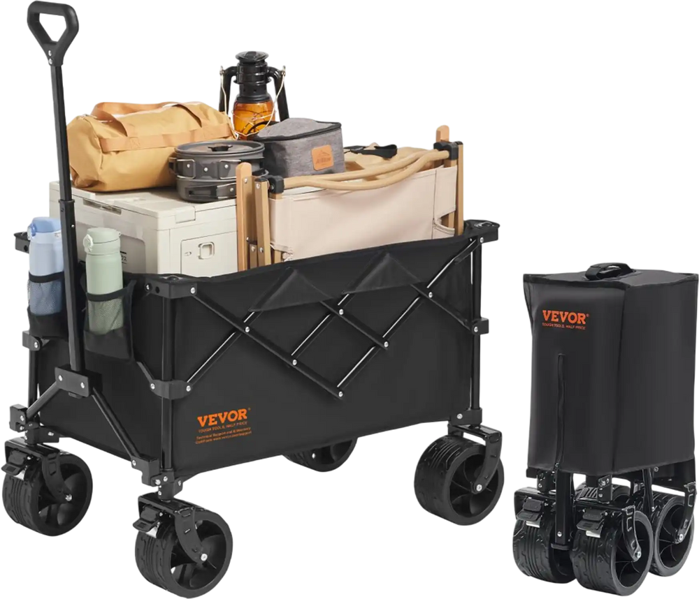 VEVOR Collapsible Folding Wagon, 150 L Beach Wagon Cart with All-Terrain Wheels, Heavy Duty Folding Wagon Cart Max 265 lbs with Drink Holders, Sports Wagon for Camping, Shopping, Garden
