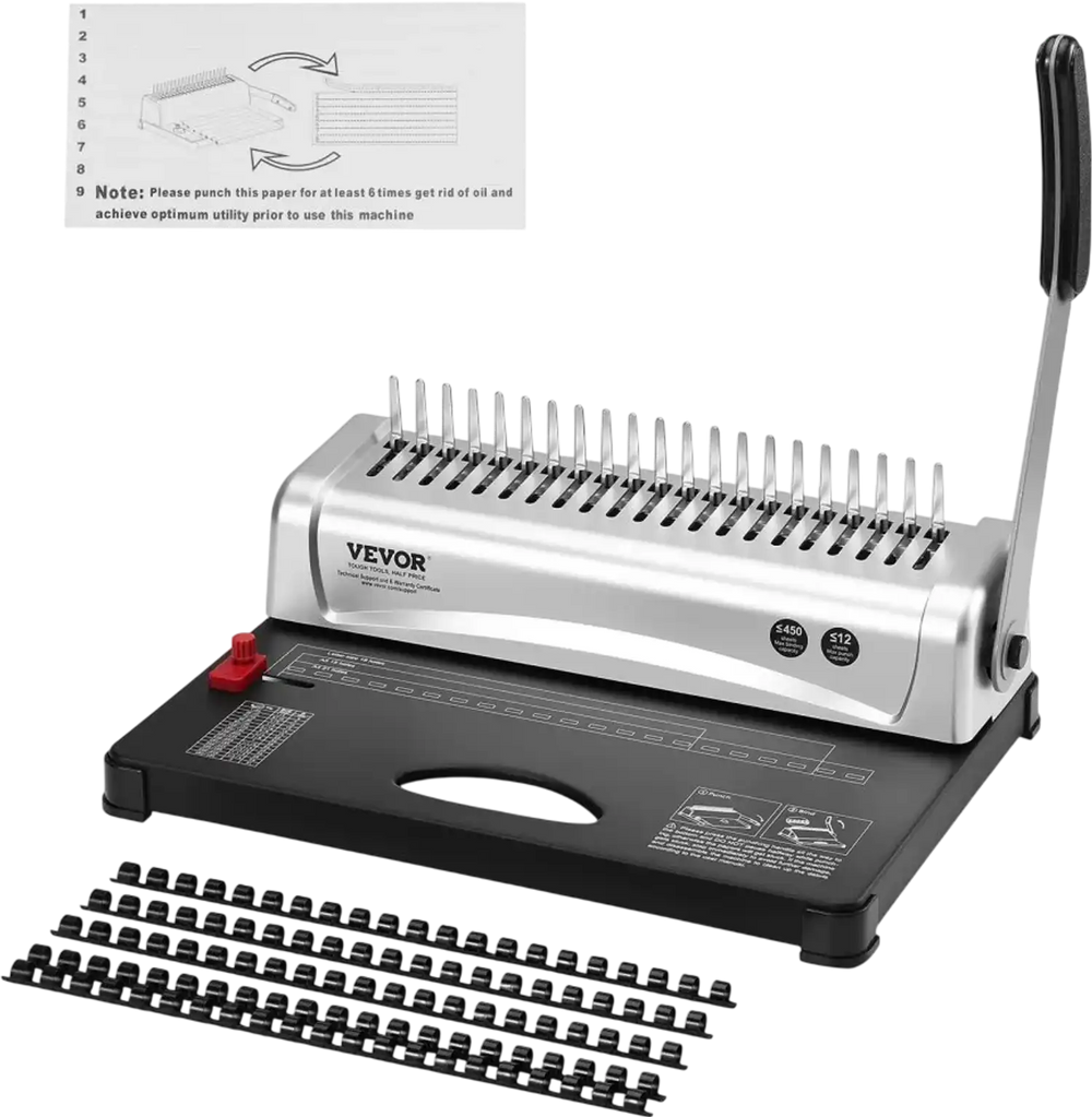 VEVOR Binding Machine, Comb Binding Machine 21-Holes Binding 450 Sheets, Book Binder Machine with 100 PCS 3/8'' Comb Binding Spines, for Letter Size, A4, A5