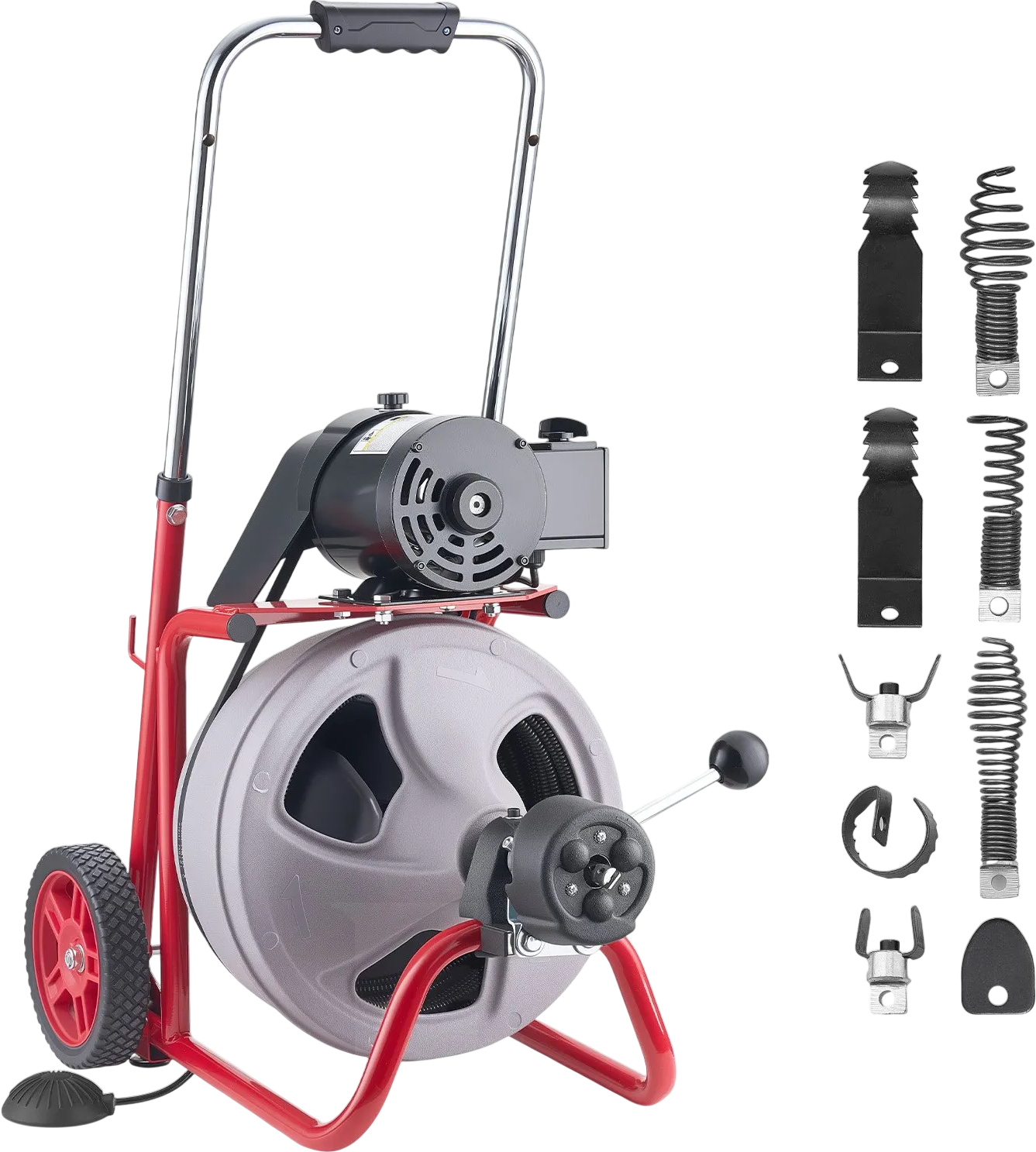 Vevor Drain Cleaner 3/8 in. x 75 ft. Auto Feed with 8 Cutters Air Foot Switch Wheels New