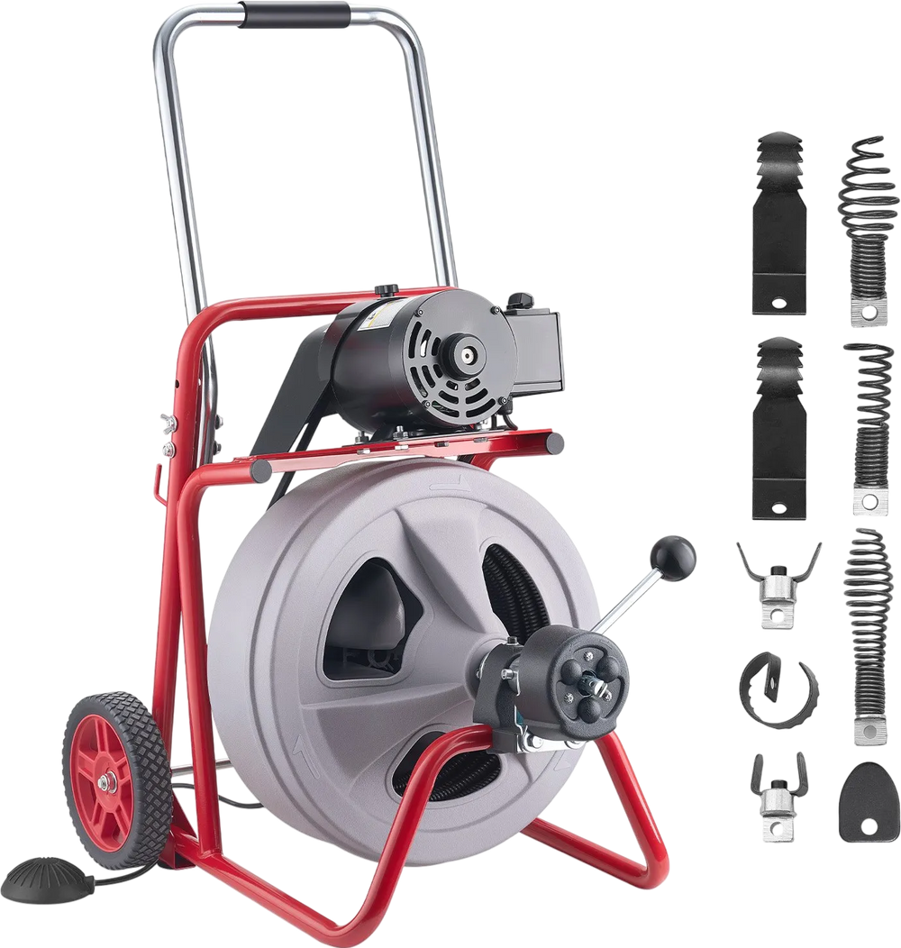 VEVOR Drain Cleaner Machine 75 FT x 1/2 Inch, Auto Feed Sewer Snake Drain Auger on Wheels, Portable Drain Cleaning Machine with 8 Cutters & Air-Activated Foot Switch for 2" to 6" Pipes