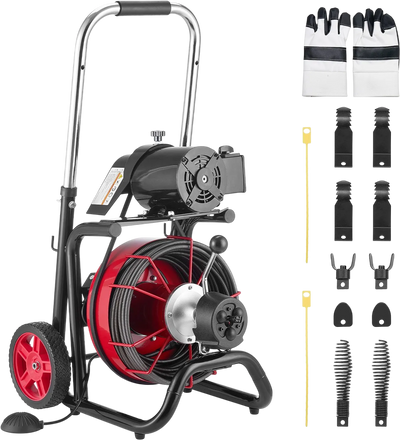 VEVOR Drain Cleaner Machine 100 FT x 1/2 Inch, Auto Feed Sewer Snake Auger on Wheels - with 8 Cutters & Air-Activated Foot Switch for 2