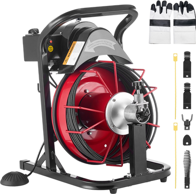 VEVOR Drain Cleaner Machine 50 FT x 5/16 Inch, Auto Feed Sewer Snake Auger with 4 Cutters & Air-Activated Foot Switch for 2