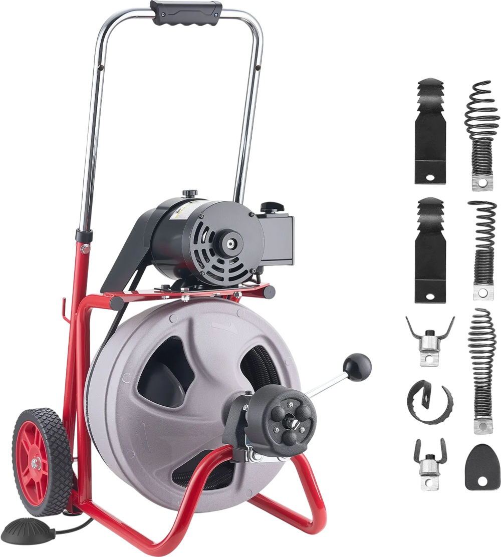 VEVOR Drain Cleaner Machine 100 FT x 3/8 Inch, Auto Feed Sewer Snake Drain Auger on Wheels, Portable Drain Cleaning Machine with 8 Cutters & Air-Activated Foot Switch for 2" to 4" Pipes