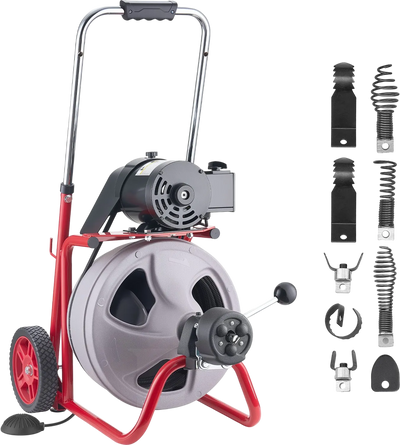 VEVOR Drain Cleaner Machine 100 FT x 3/8 Inch, Auto Feed Sewer Snake Drain Auger on Wheels, Portable Drain Cleaning Machine with 8 Cutters & Air-Activated Foot Switch for 2