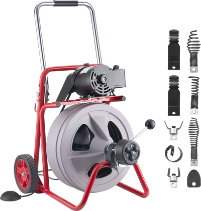 VEVOR Drain Cleaner Machine 100 FT x 1/2 Inch, Auto Feed Sewer Snake Drain Auger on Wheels, Portable Drain Cleaning Machine with 8 Cutters & Air-Activated Foot Switch for 2