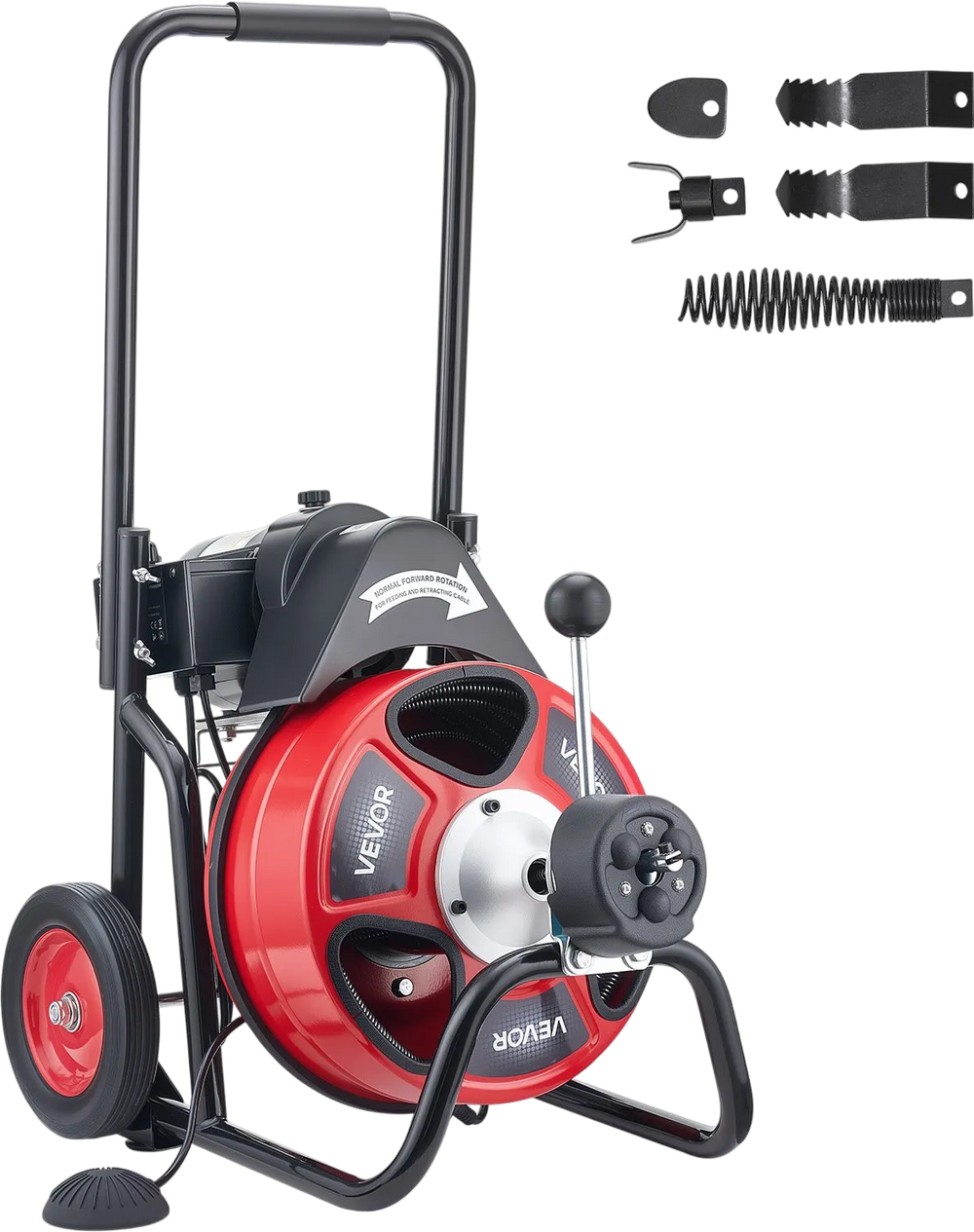 VEVOR Drain Cleaner Machine 50 FT x 1/2 Inch, Auto Feed Sewer Snake Auger on Wheels, Portable Drain Cleaning Machine with 4 Cutters & Air-activated Foot Switch for 2" to 6" Pipes
