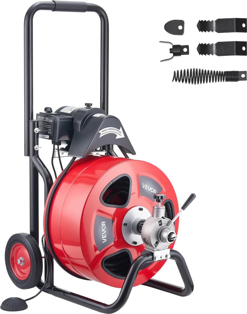 VEVOR Drain Cleaner Machine 100 FT x 3/4 Inch, Auto Feed Sewer Snake Auger on Wheels, Portable Drain Cleaning Machine with 4 Cutters & Air-activated Foot Switch for 4" to 8" Pipes