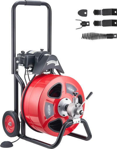 VEVOR Drain Cleaner Machine 100 FT x 3/4 Inch, Auto Feed Sewer Snake Auger on Wheels, Portable Drain Cleaning Machine with 4 Cutters & Air-activated Foot Switch for 4