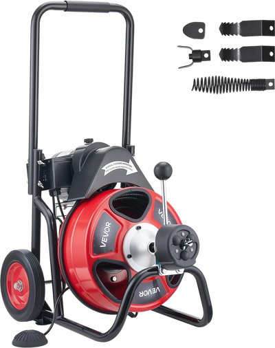VEVOR Drain Cleaner Machine 75 FT x 3/8 Inch, Auto Feed Sewer Snake Auger on Wheels, Portable Drain Cleaning Machine with 4 Cutters & Air-activated Foot Switch for 2