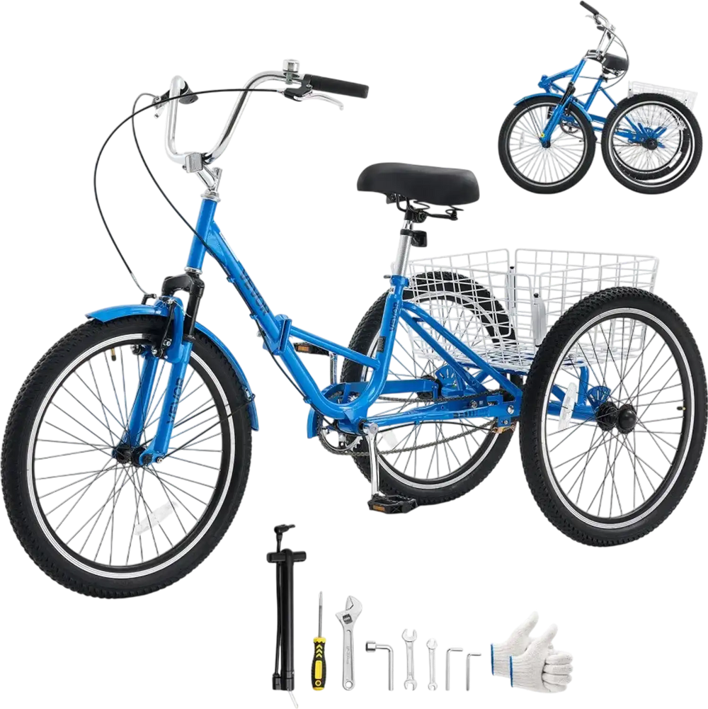 VEVOR Folding Adult Tricycle 24 inch 3 Wheel Foldable Trikes for Adult, Cruiser Bike with Cargo Basket, Adjustable Seat, and Double-Wall Wheel Rims, Shopping Picnic Tricycles for Women, Men, Seniors