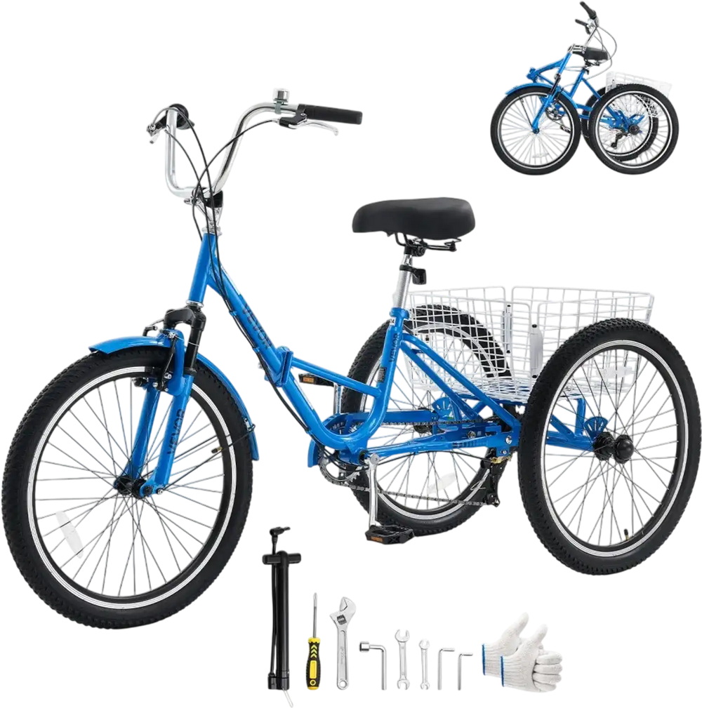 VEVOR Folding Adult Tricycle 24 inch 7 Speed Foldable Trikes for Adult, 3 Wheel Cruiser Bike w/ Cargo Basket, Adjustable Seat, Double-Wall Wheel Rims, Shopping Picnic Tricycles for Women, Men, Senior