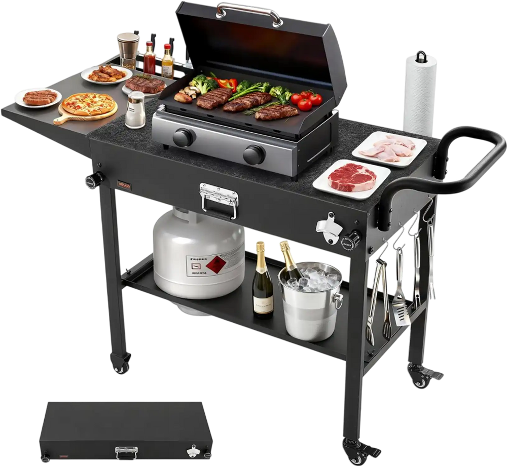 VEVOR Outdoor Grill Cart, 31.0 x 17.0 inch Tabletop Size Grilling Table, Foldable Outdoor Cooking Table with Tissue Holder, Hooks, Wheels, Side Table, BBQ Prep Tables for Picnic, Kitchen, Courtyard