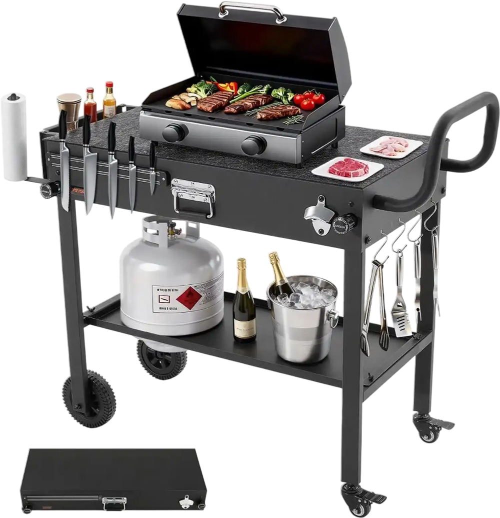 VEVOR Outdoor Grill Cart, 31.0 x 17.0 inch Tabletop Size Grilling Table, Foldable Outdoor Cooking Table with Tissue Holder, Wheels, Magnetic Tool Rack, BBQ Prep Tables for Picnic, Kitchen, Courtyard