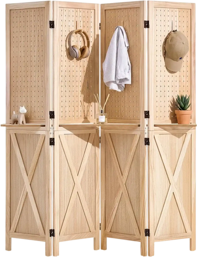 Vevor Room Divider Wood Folding Privacy Screen with Shelves 4-Panel X-Pattern New