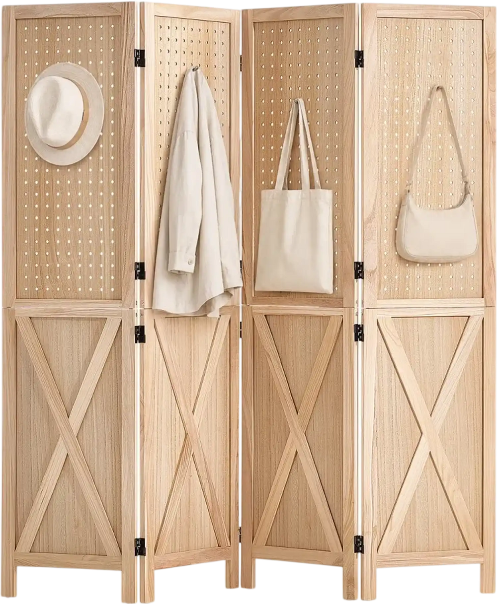VEVOR Wood Room Divider 4 Panels 59.8" Pegboard Wood Folding Privacy Screen, For Room Separation & Home Decor, Solid Frame with X Pattern, 360° Two-Way Hinges, Rustic Wooden Partition with Hardware