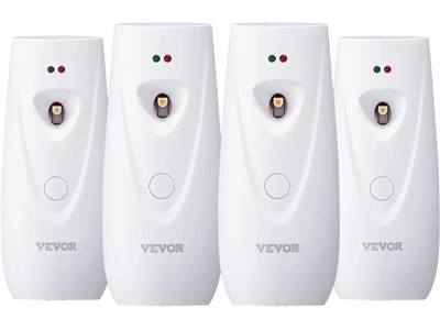 VEVOR Automatic Air Freshener Spray Dispenser, 4-Pack, Wall Mounted or Free Standing, Battery Operated, Multiple Time Settings for Home, Indoor, Bathrooms, Offices, Hotels, Commercial Places, White