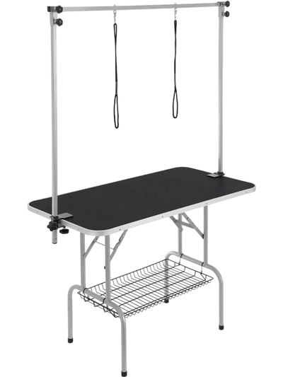 VEVOR Pet Grooming Table Two Arms with Clamp, 46'' Dog Grooming Station, Foldable Pets Grooming Stand for Medium and Small Dogs, Free No Sit Haunch Holder with Grooming Loop, Bearing 330lbs