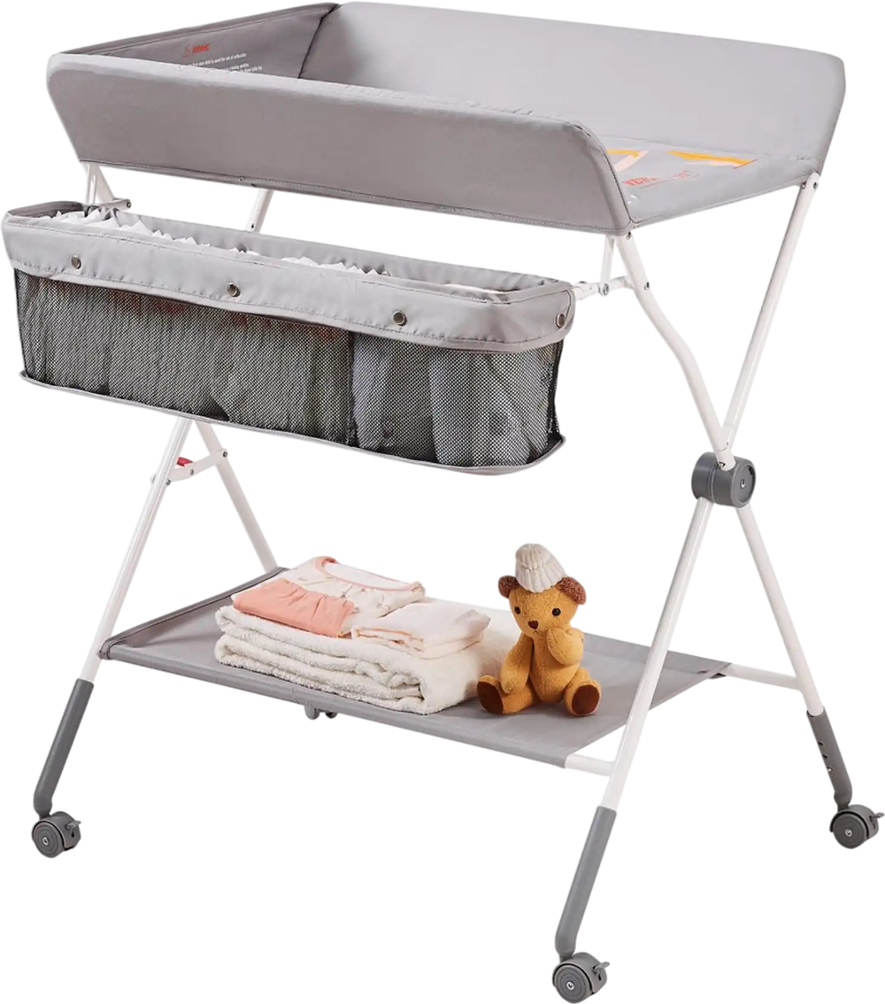 VEVOR Baby Changing Table, Folding Diaper Changing Station with Lockable Wheels, Portable Changing Table 3-level Adjustable Heights, with Storage Basket & Hanging Racks for Newborns & Infant