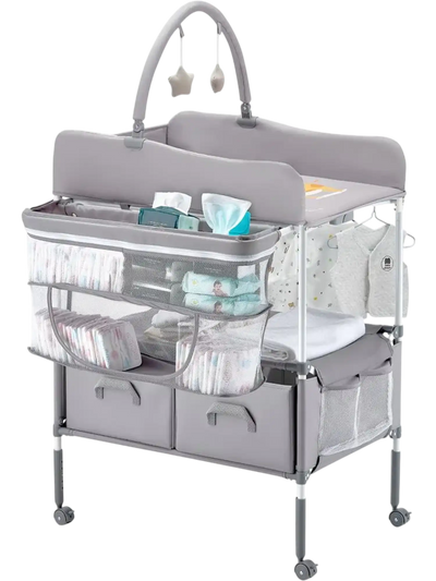 VEVOR Baby Changing Table, Foldable Diaper Change Station with 2 Fabric Drawers, Side Basket & Hanging Rod, Adjustable Height Portable Changing Table with Lockable Wheels & 2 Star Toys, Light Gray
