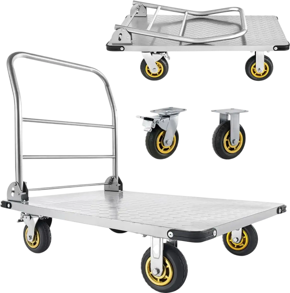 VEVOR Platform Truck, 2000 lbs Capacity, Heavy Duty Steel Flatbed Cart with Swivel Wheels and Handle, Foldable Platform Hand Push Truck Dolly, for Groceries, Garage, Warehouse, 35.4 x 23.6 x 35.4 in