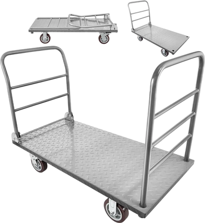 VEVOR Platform Truck, 2650 lbs Capacity, Heavy Duty Flatbed Cart Dolly with Detachable Guardrail and Swivel Wheels, Foldable Hand Push Truck Cart, for Groceries, Garage, Warehouse, 48 x 24 x 36.2 in