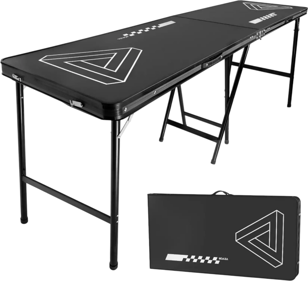 VEVOR 8 Foot Portable Beer Pong Table, Foldable 36 inch Heightened Table,  Carrying Handles and 6 Pong Balls, Lightweight Tailgate Table for Office, Tailgate Party, Travel & Camping, Black