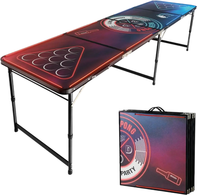 VEVOR 8 Foot Portable Beer Pong Table, LED Lights, Foldable Tailgate Table with Carrying Handles and 6 Pong Balls, Adjustable Height, Lightweight Table for Office, Tailgate Party, Travel & Camping