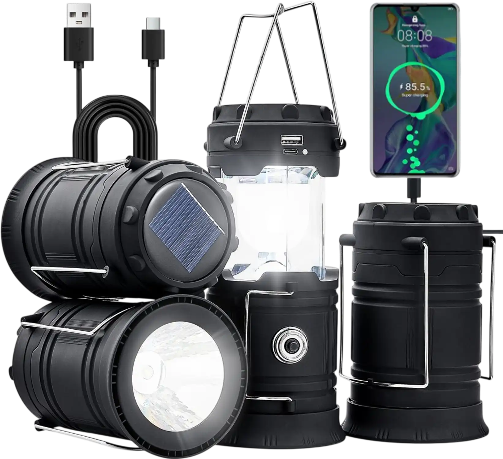 Vevor Camping Lantern Rechargeable LED 4-Pack Portable Solar & USB Lights New