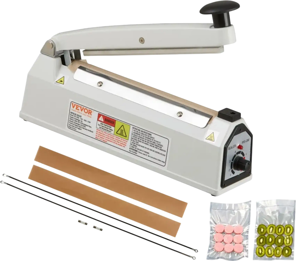 VEVOR Impulse Sealer 8 inch, Manual Heat Sealing Machine with Adjustable Heating Mode, Aluminum Shrink Wrap Bag Sealers for Plastic Mylar PE PP Bags, Portable Poly Bag Sealer with Extra Replace Kit