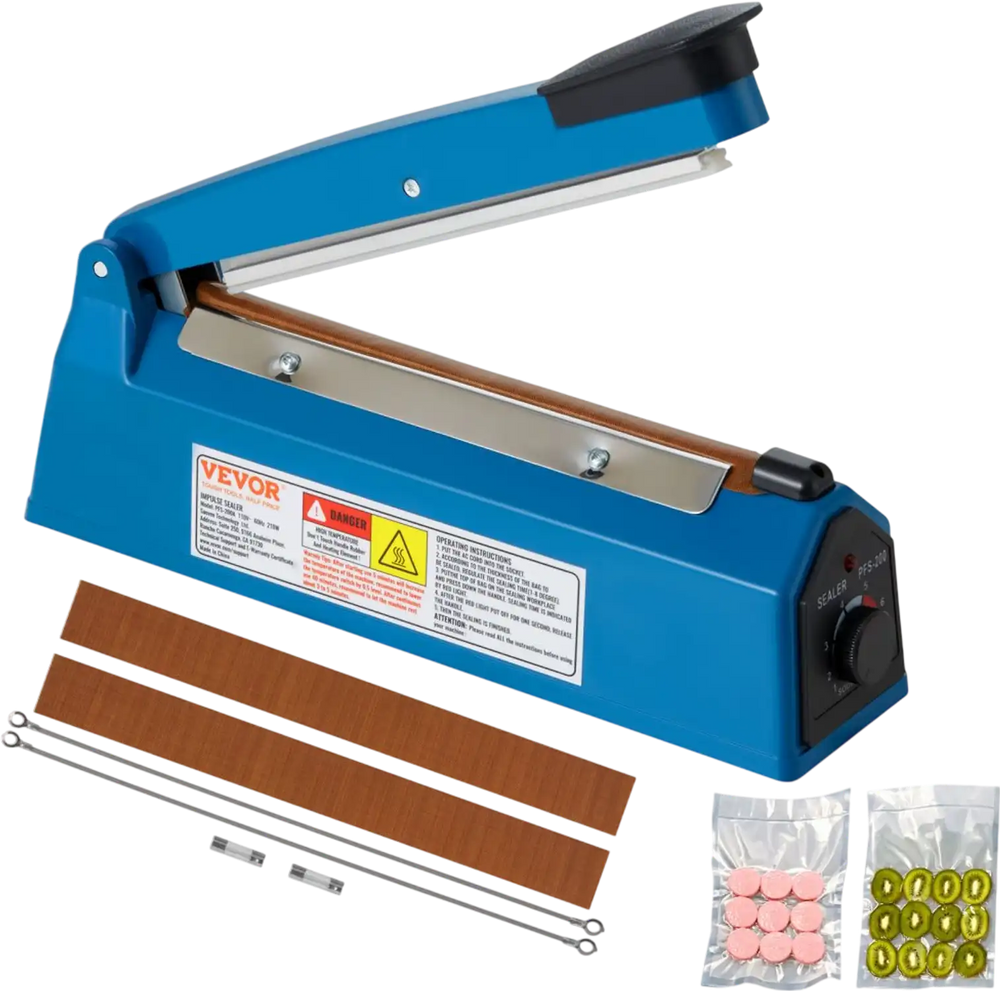 VEVOR Impulse Sealer 8 inch, Manual Heat Seal Machine with Adjustable Heating Mode, ABS Shrink Wrap Bag Sealers for Plastic Mylar PE PP Bags, Portable Poly Bag Sealing Machine with Extra Replace Kit