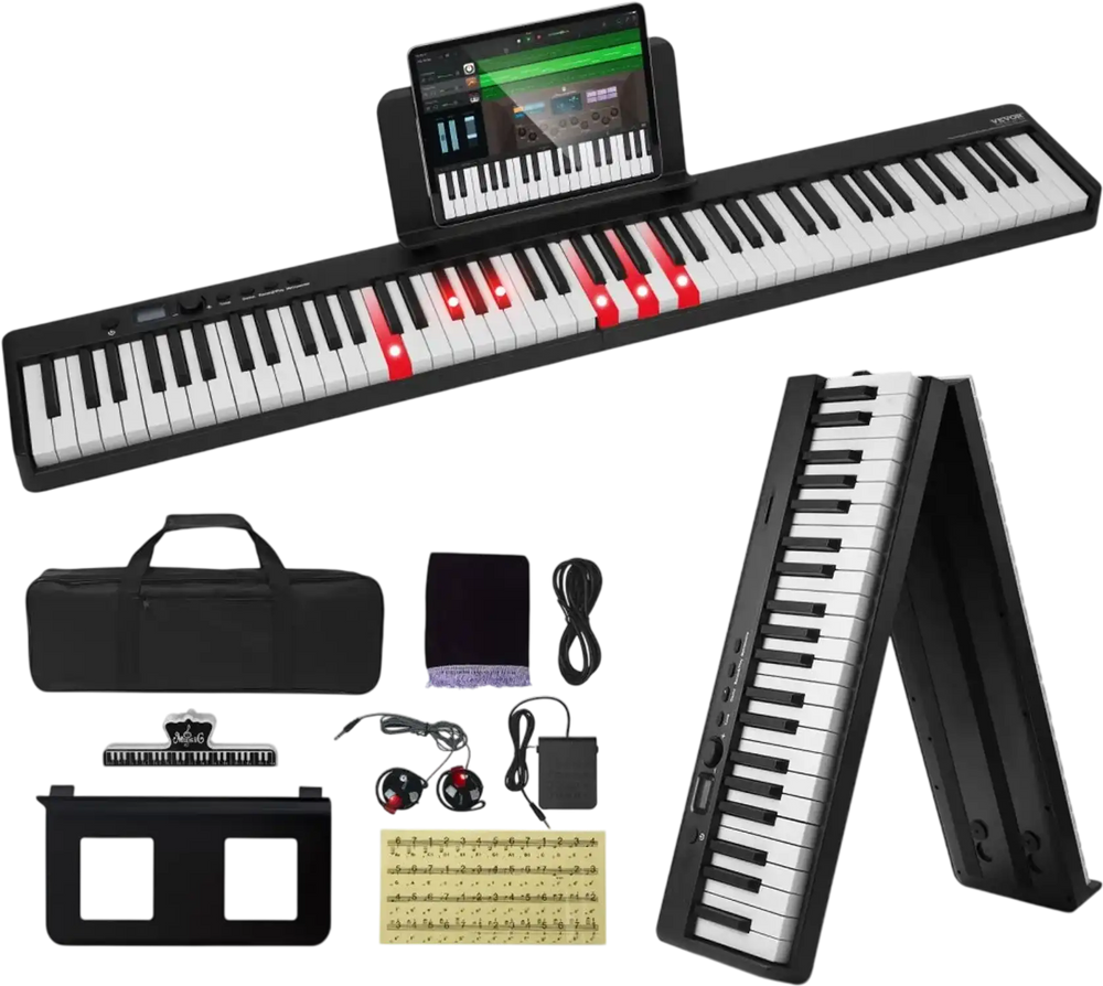 VEVOR 88 Key Folding Keyboard Piano, Bluetooth & MIDI, Portable Electronic Digital Foldable Piano with Sustain Pedal Bag Touch Sensitive Keys Headphones, Rechargeable for Beginners Teens Adults, Black