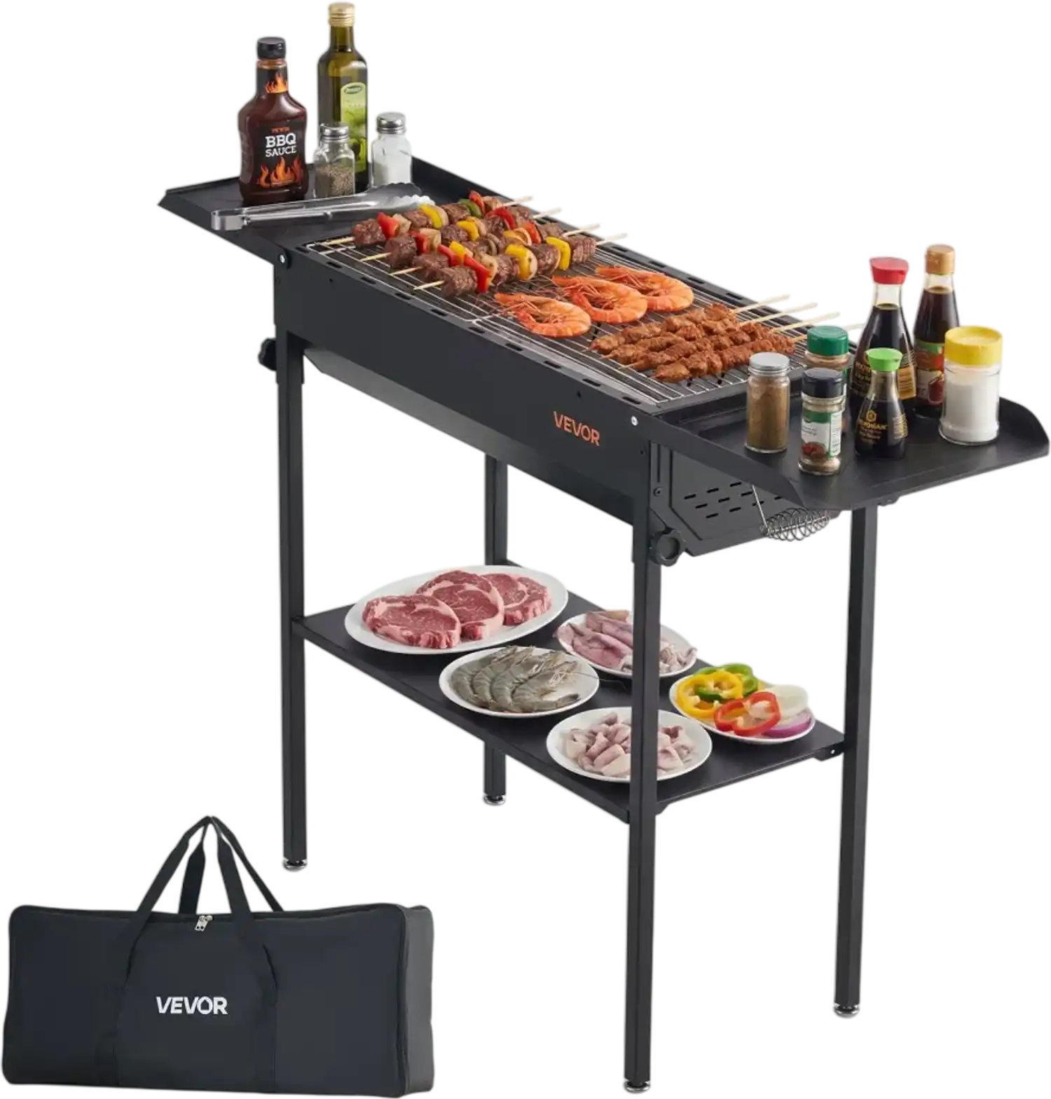 Vevor Charcoal Grill Foldable Portable BBQ Grill with Adjustable Height & Folding Side Tables New