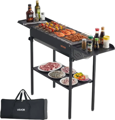 Vevor Charcoal Grill Foldable Portable BBQ Grill with Adjustable Height & Folding Side Tables New