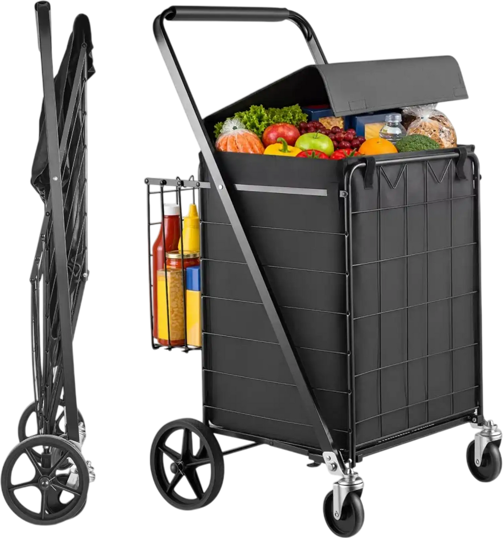 VEVOR Folding Shopping Cart, 24.3 Gal + 6.1 Gal Dual-Basket Grocery Cart, 220LBS Capacity, Steel Rolling Utility Cart with Waterproof Liner & 360° Swivel Wheel for Laundry, Shopping, Camping, Grocery