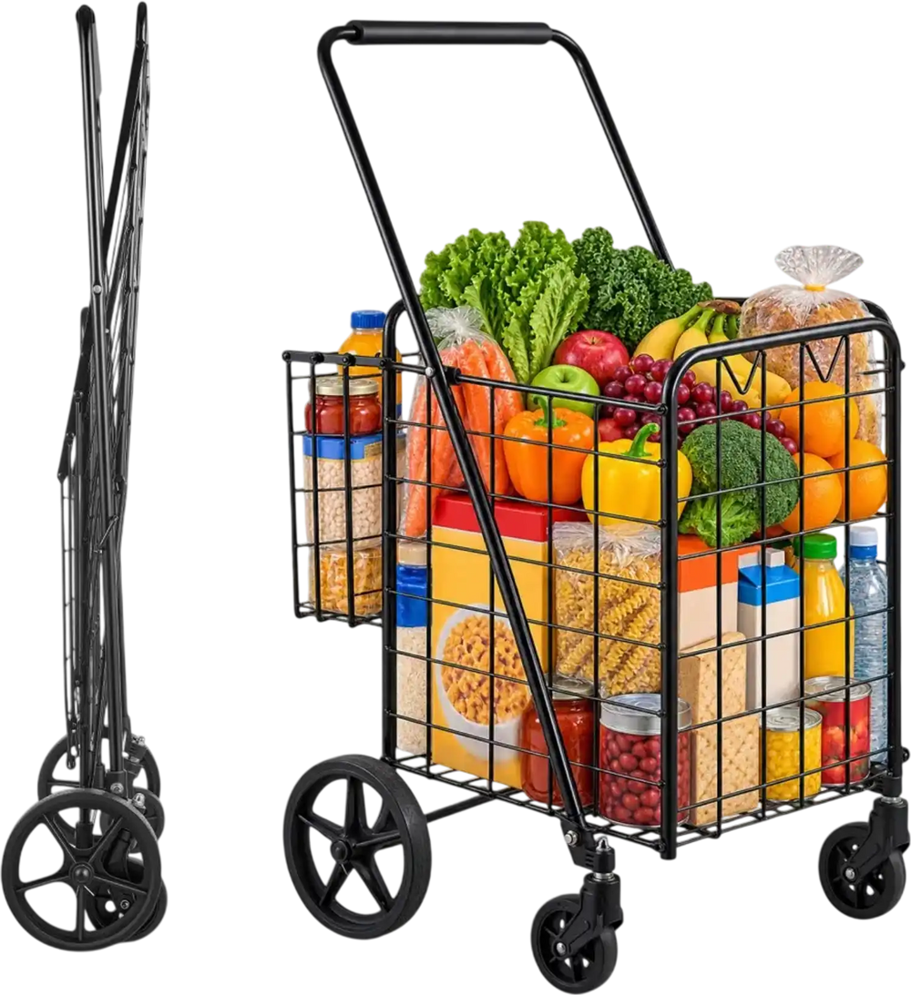 VEVOR Folding Shopping Cart, 25.6 Gal + 5.8 Gal Dual-Basket Grocery Cart, 110LBS Heavy Duty Capacity, Steel Rolling Utility Cart with 360° Swivel Wheels for Laundry, Shopping, Camping, Groceries