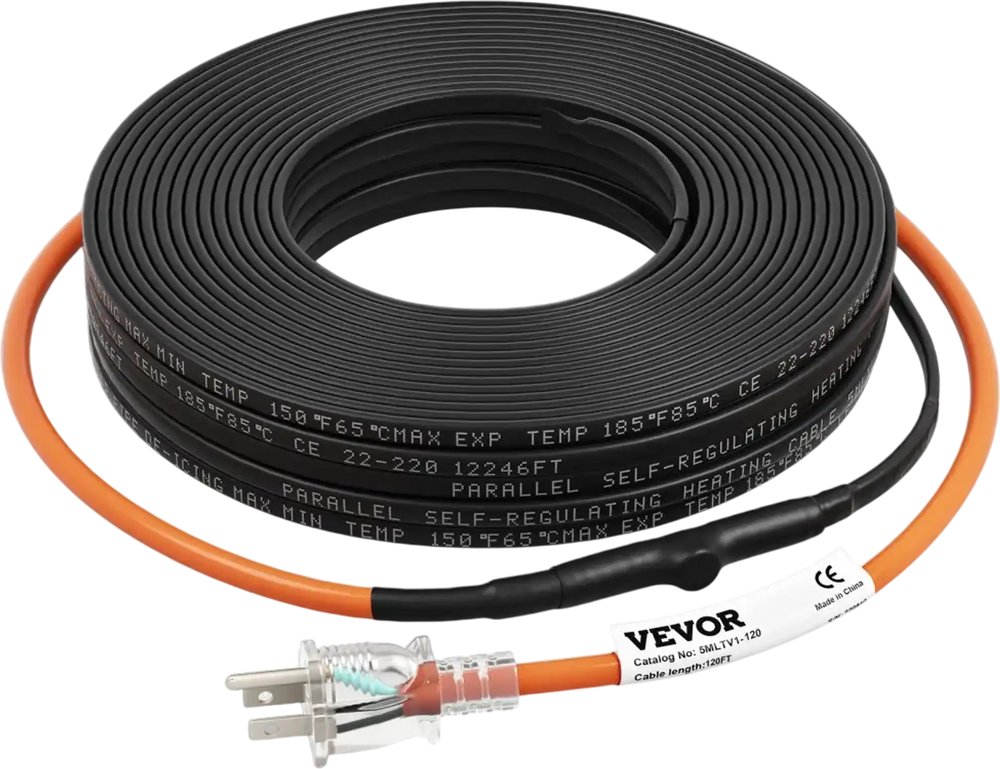VEVOR Self-Regulating Pipe Heating Cable, 120-feet 5W/ft Heat Tape for Pipes Freeze Protection, Protects PVC Hose, Metal and Plastic Pipe from Freezing, 120V